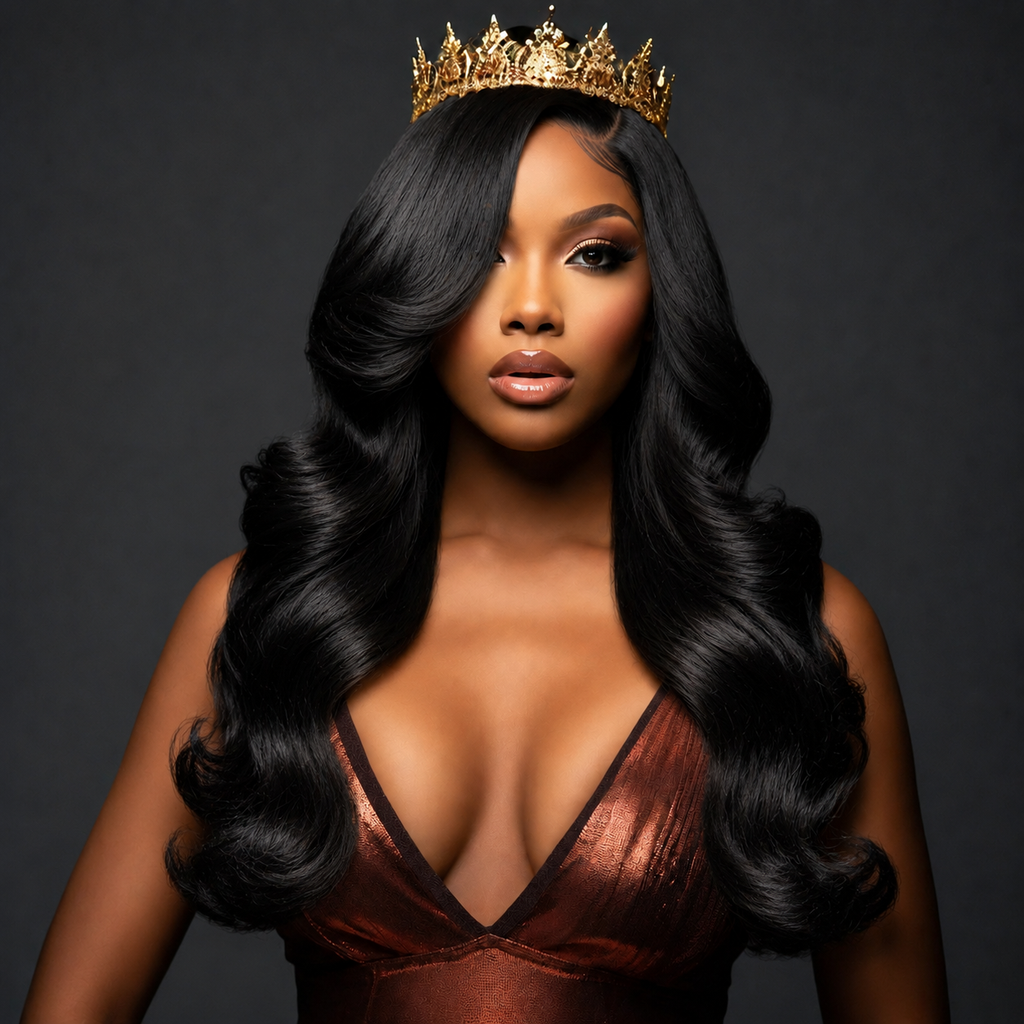 Miss Great Britain (Side-Part) – Jet Black - 4 Bundles - Body Wave Human Hair Wig – HD Lace (Glueless)